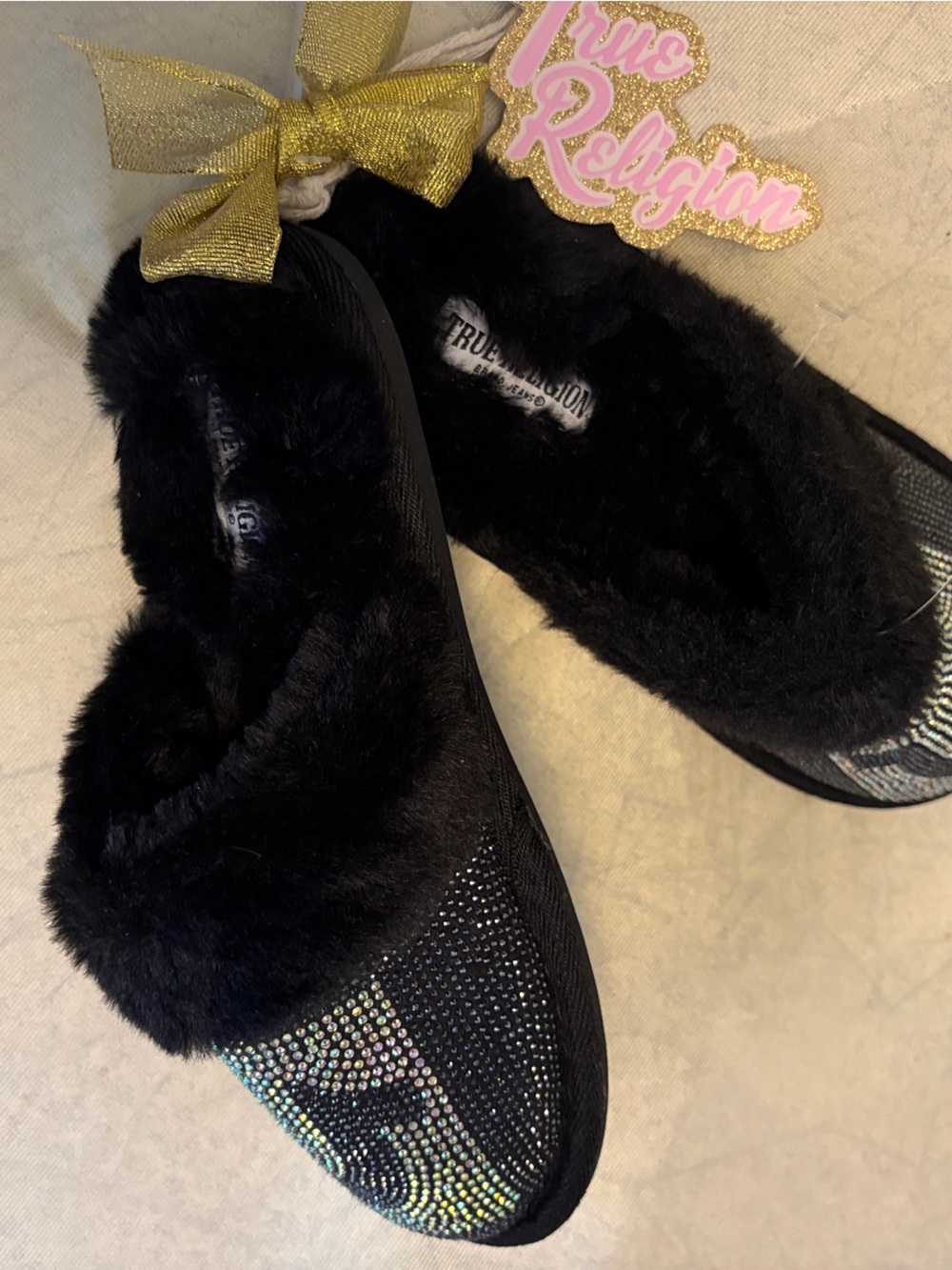 True Religion Black Faux Fur Crystal-Embellished Slip-On Slippers - Picture 2 of 5